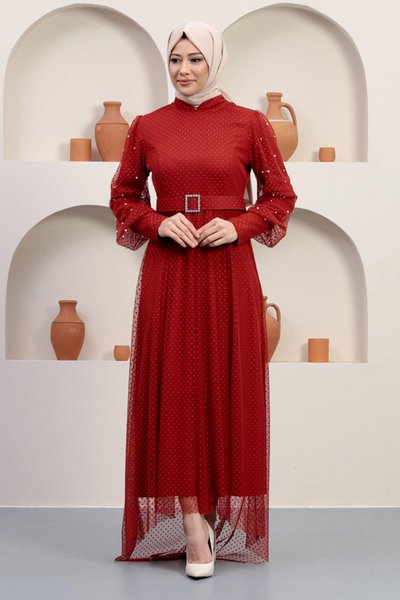 Kiremit Tül Taşlı Kemeri Tesettür Abiye Elbise