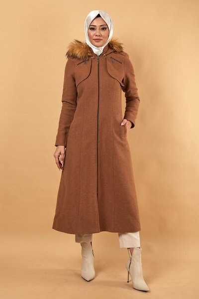 Taba Kaşe Fermuarlı Kapüşonlu Kaban