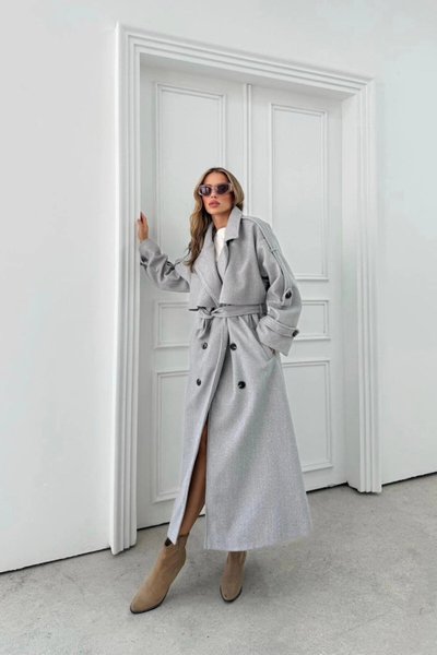 Gri Uzun Kuşaklı Düğme Detaylı Premium Kaşe Kaban