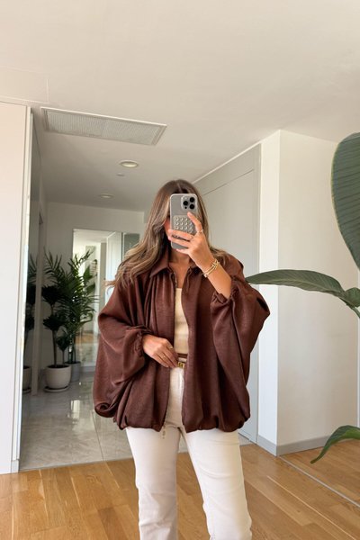 Kahverengi Bomber Saten Yarasa Kol Fermuarlı Ceket