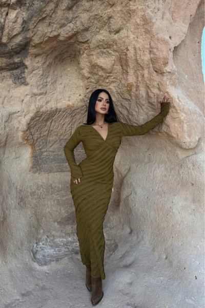 Yeşil Uzun Ters Dikiş V Yaka Elbise