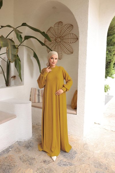 Hardal Örme Yandan Büzgülü Tesettür Elbise