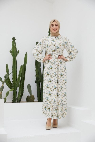 Mavi Çingene Desenli Keten Fırfırlı Tesettür Elbise