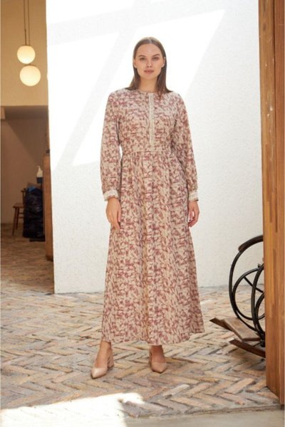 Pembe Çıtır Desen Kuşaklı Keten Tesettür Elbise