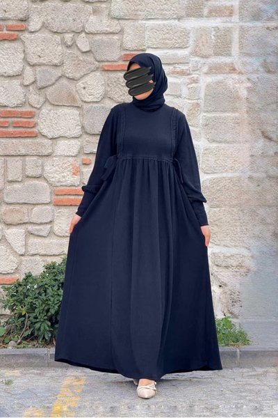 Siyah Dantelli Örme Yandan Bağlamalı Tesettür Elbise