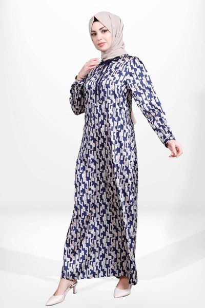 Lacivert Kareli Saten Yakası İpli Tesettür Elbise