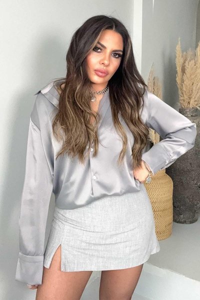 Gri Mini Yırtmaçlı Şort Etek