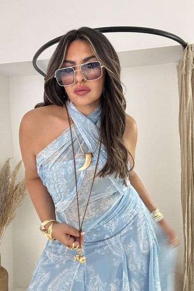 Mavi Şifon Simli Yansımalı Bluz