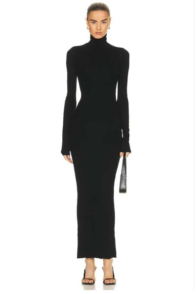 Siyah Uzun Balıkçı Yaka Parmak Geçmeli İpek Jarse Elbise