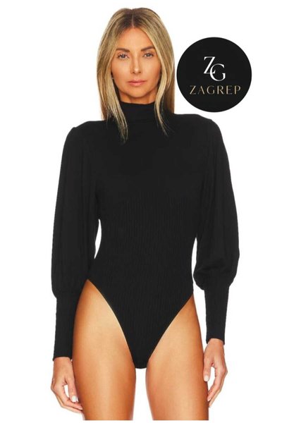 Siyah Yarım Balıkçı Yaka Büzgülü Kol Manşetli Bodysuit