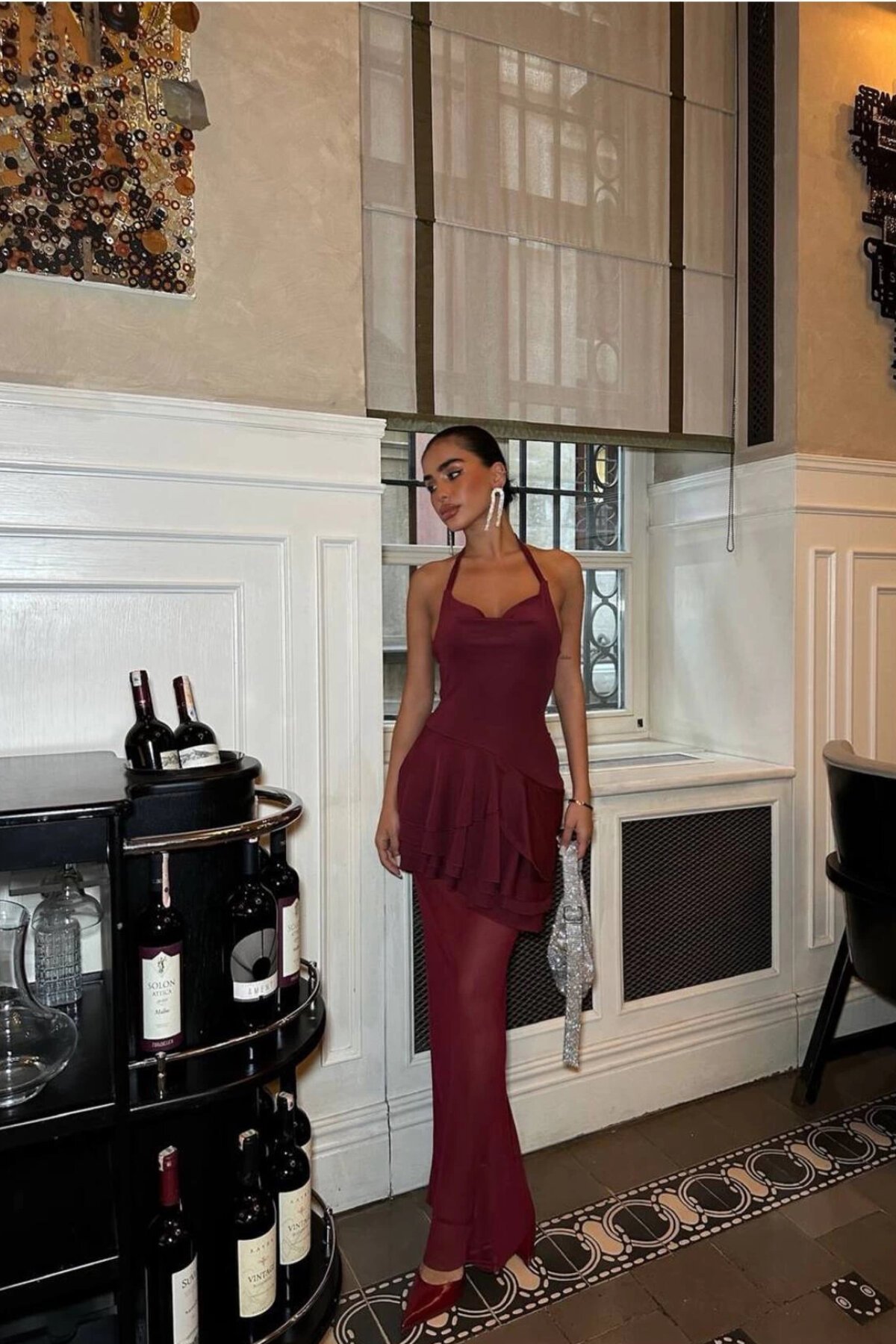 Long Ruffle Tulle Low-Back Evening Dress - Burgundy - VİSKALİ