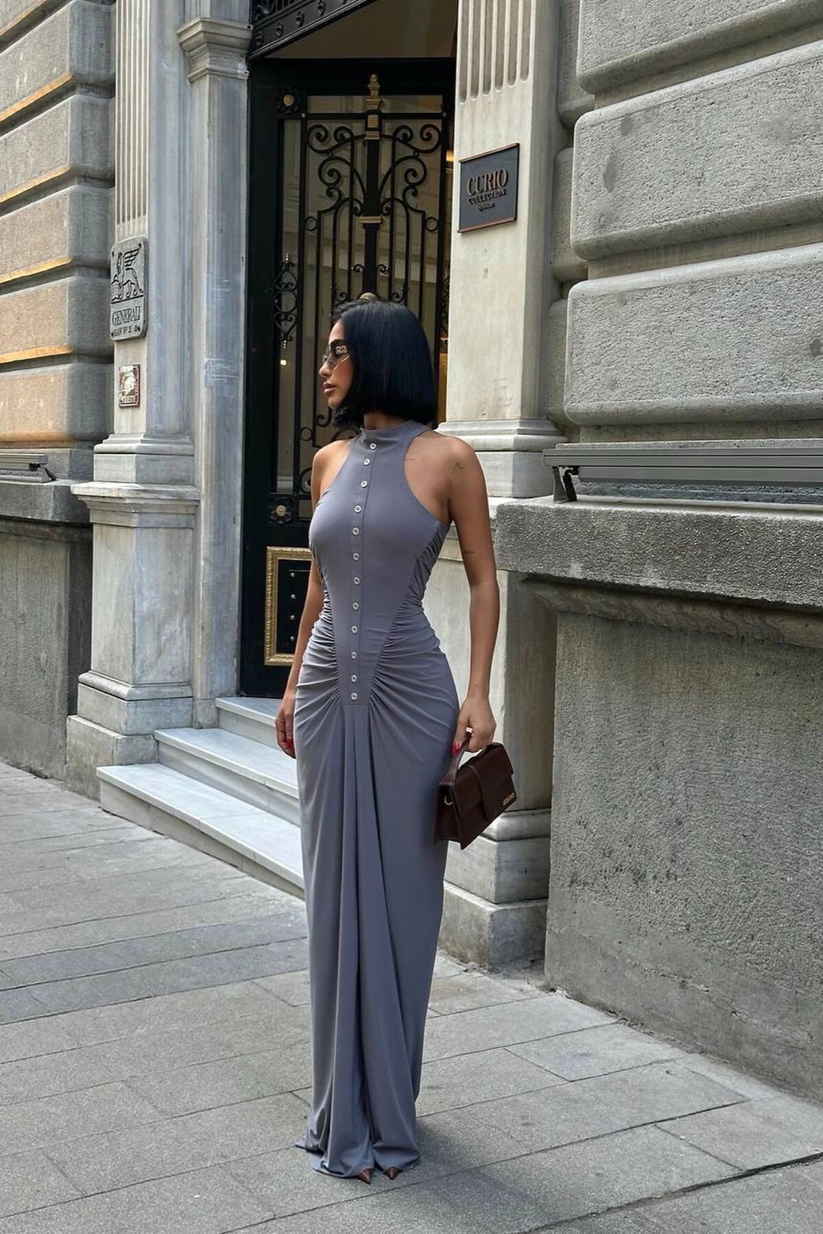 Long Ruched Halter-Neck Button-Detail Evening Dress - Gray - VİSKALİ