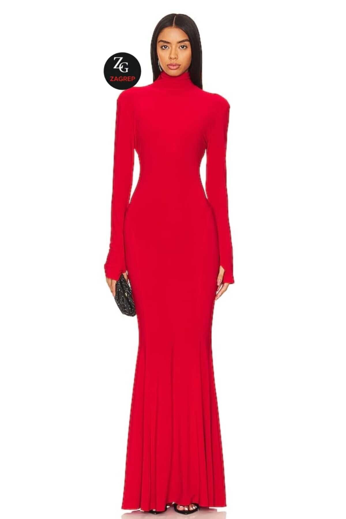 Kırmızı Volanlı Parmak Geçmeli İpek Jarse Abiye Elbise - Zagrep