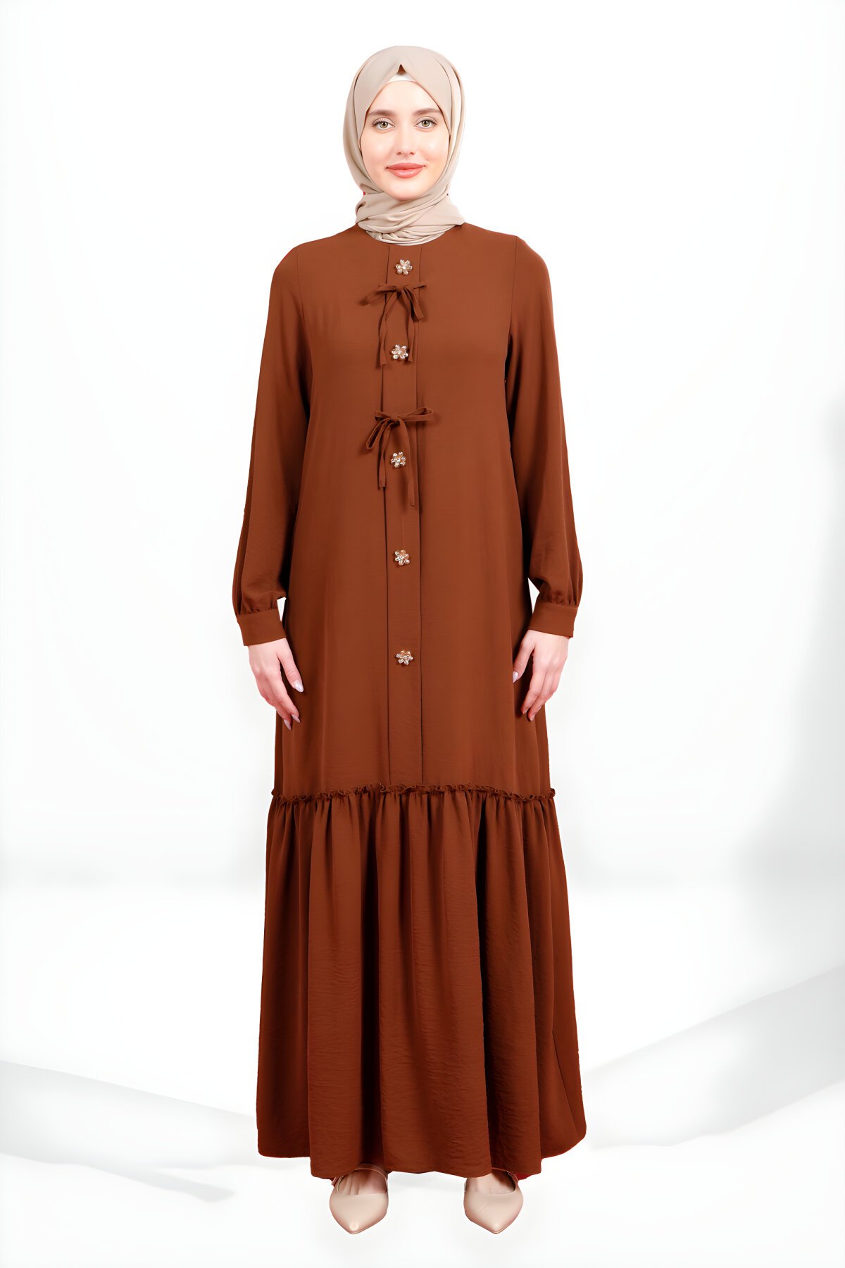 Modest Patterned Dress with Ruched Skirt, Bow and Floral Detail - Dark Brown - Beyza