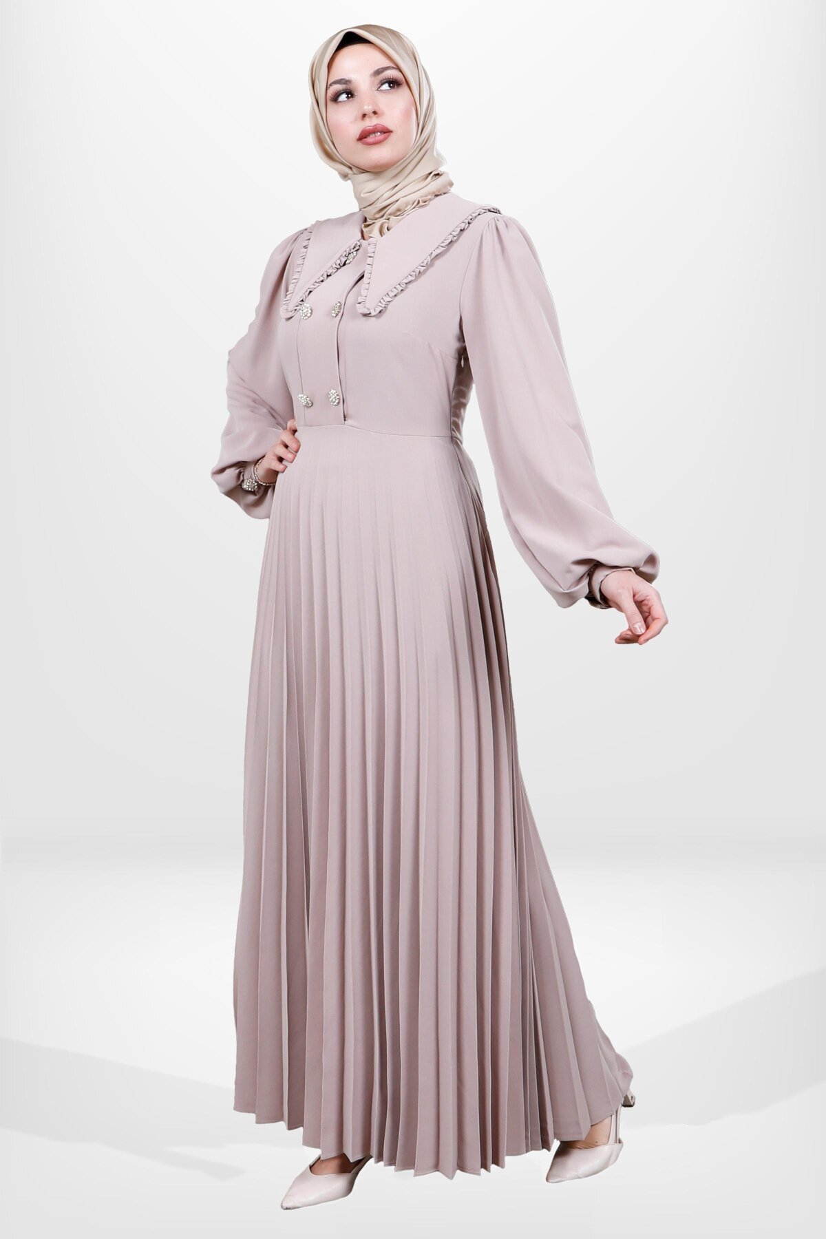 Bej Eteği Piliseli Düğme Detaylı Tesettür Elbise - Beyza