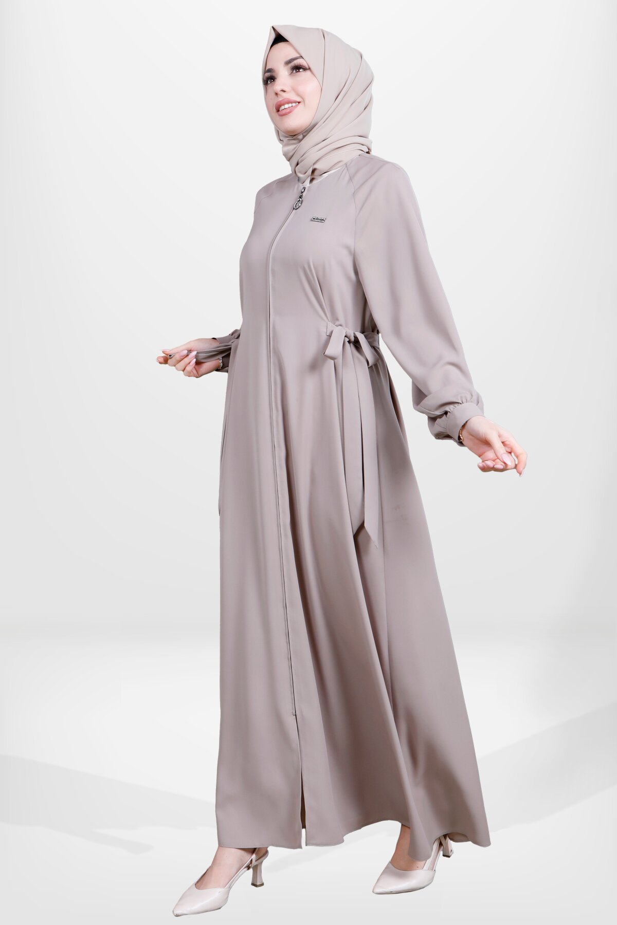 Zip-up Side-Tie Abaya - Beige - Beyza