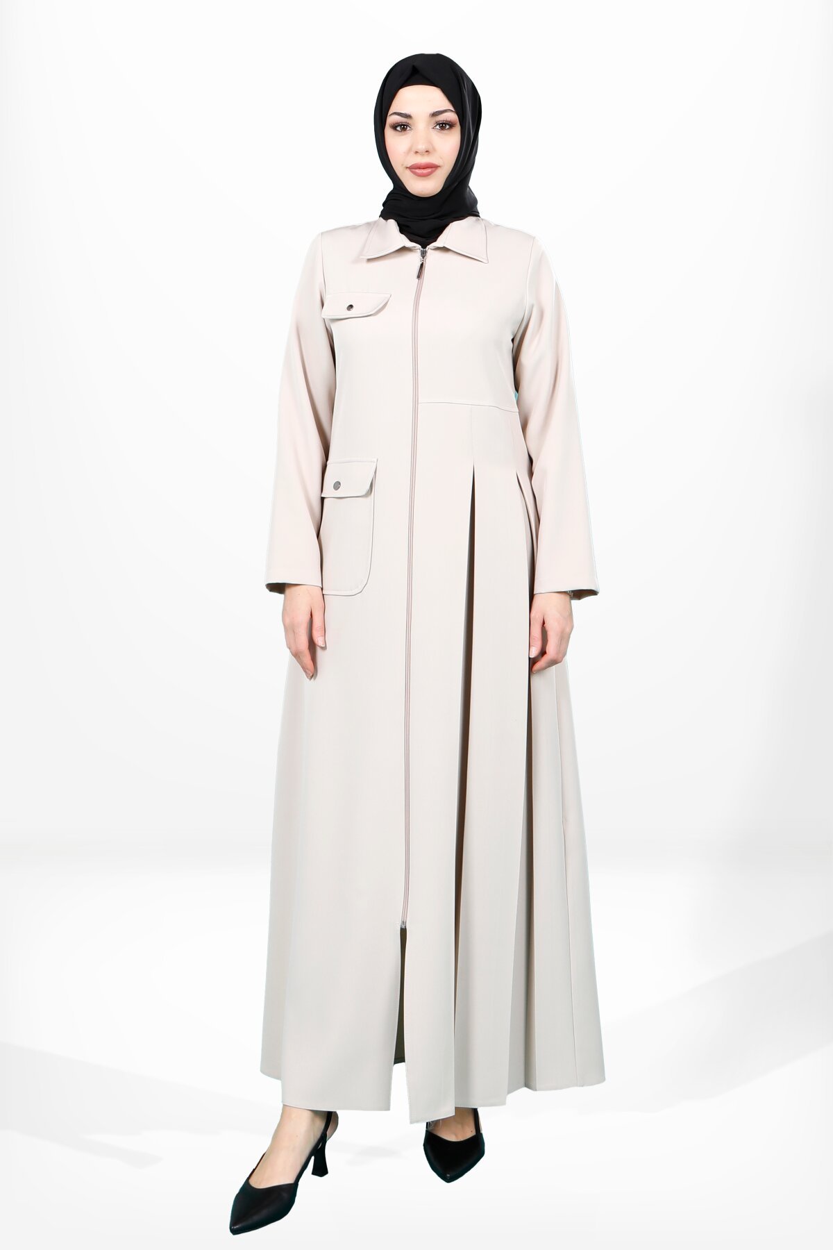 Side-Pleated Zip-Up Pocket Abaya - Beige - Beyza