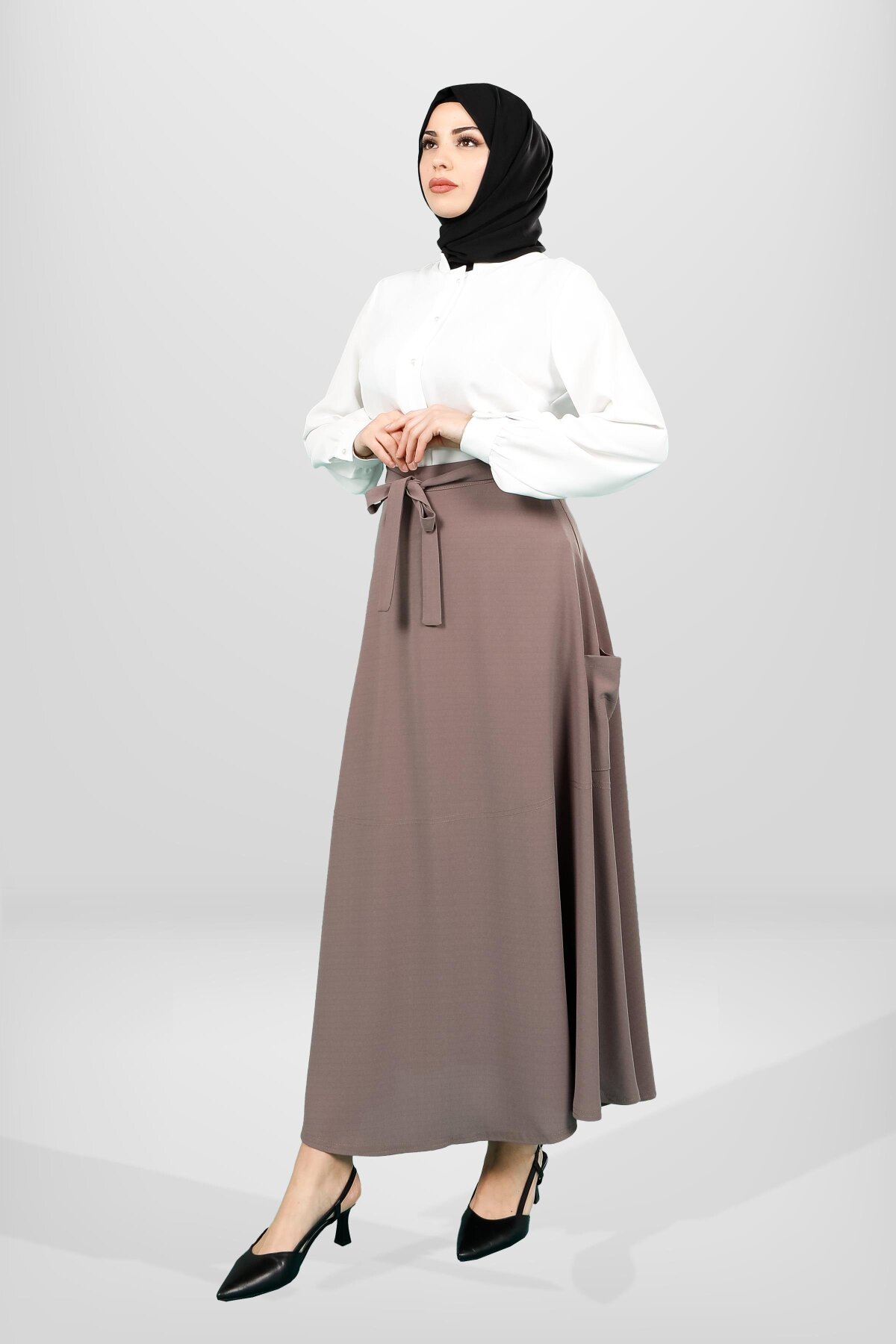 Flared Cut Belted Pocket-Detail Modest Skirt - Beige - Beyza