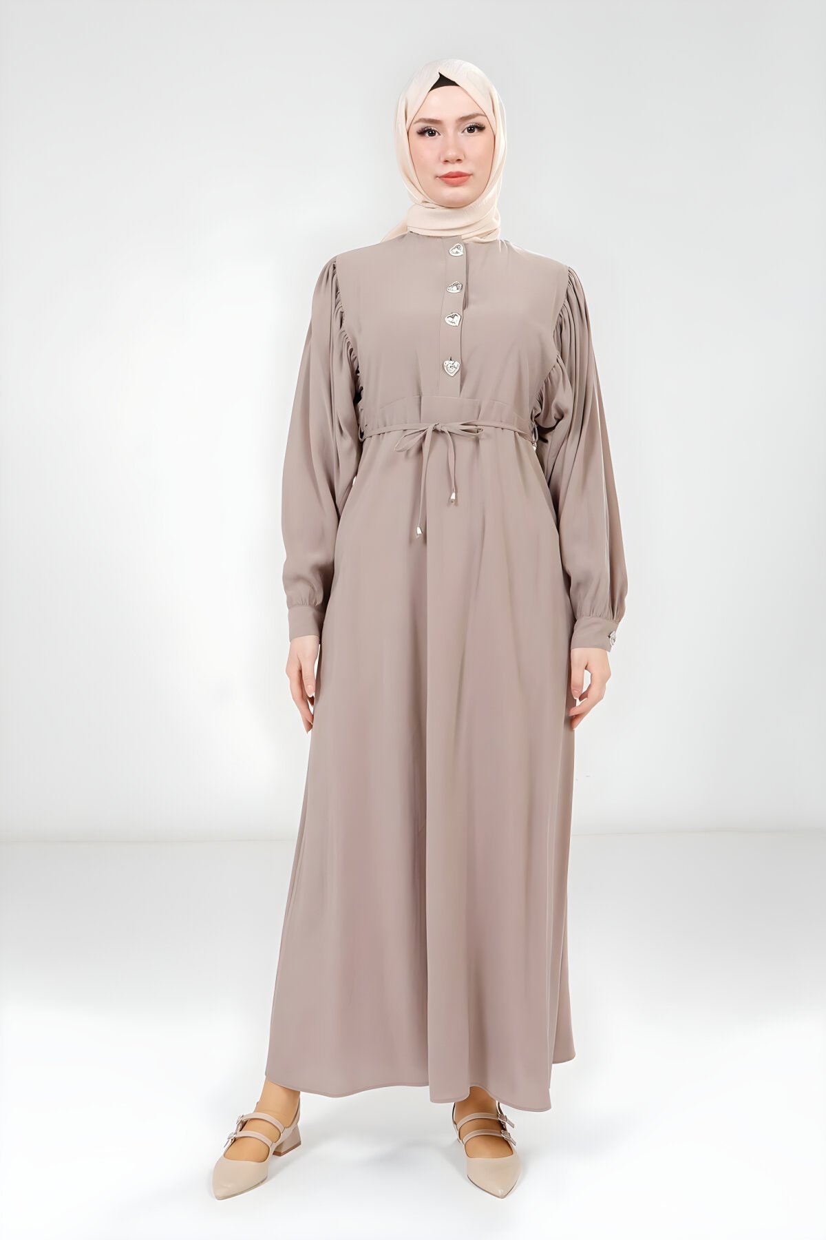 Modest Modal Button-Detail Dress - Beige - Beyza