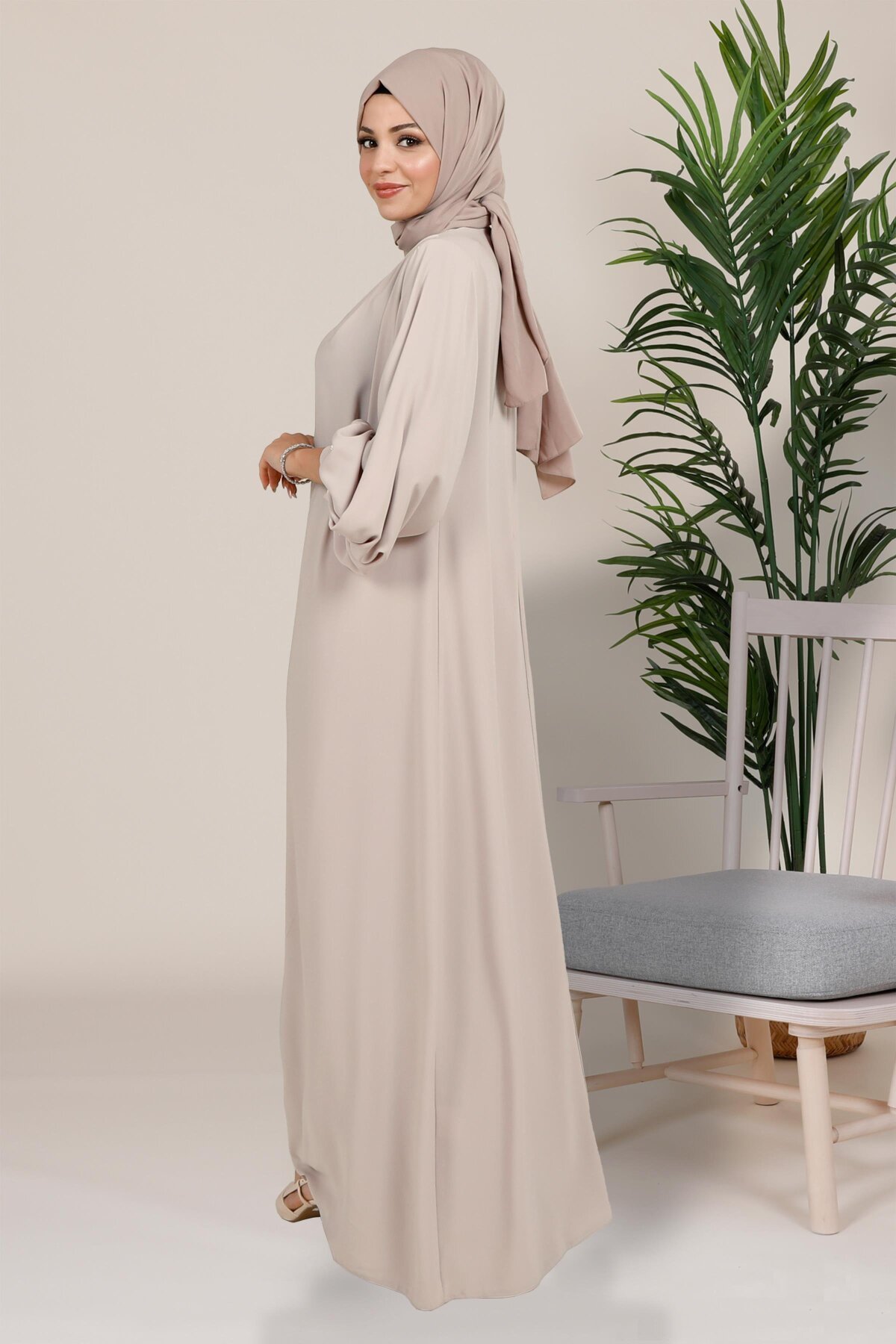 Oriental Sleeve Pleated Pearl-Detail Modest Evening Dress - Beige - Beyza
