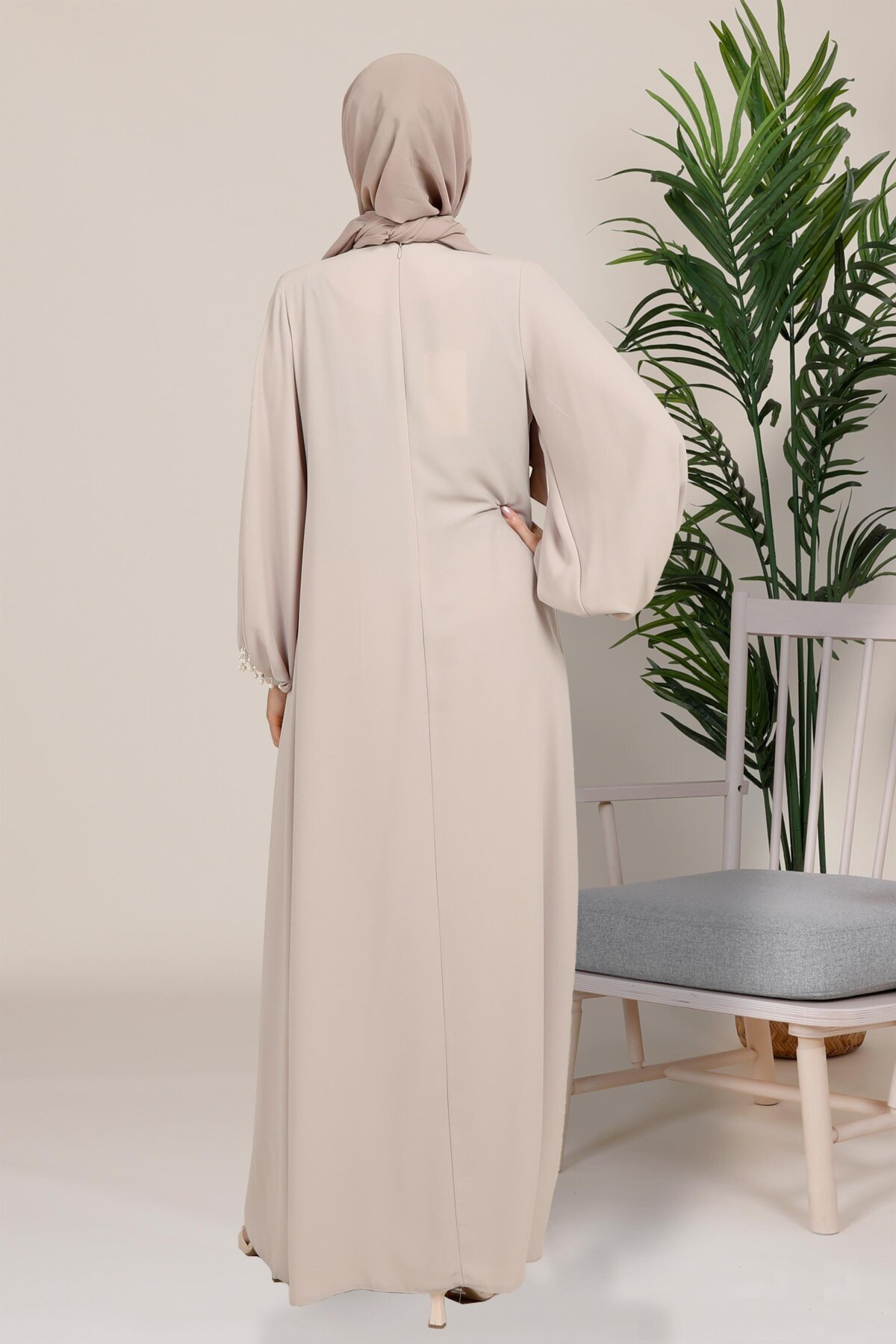Oriental Sleeve Pleated Pearl-Detail Modest Evening Dress - Beige - Beyza