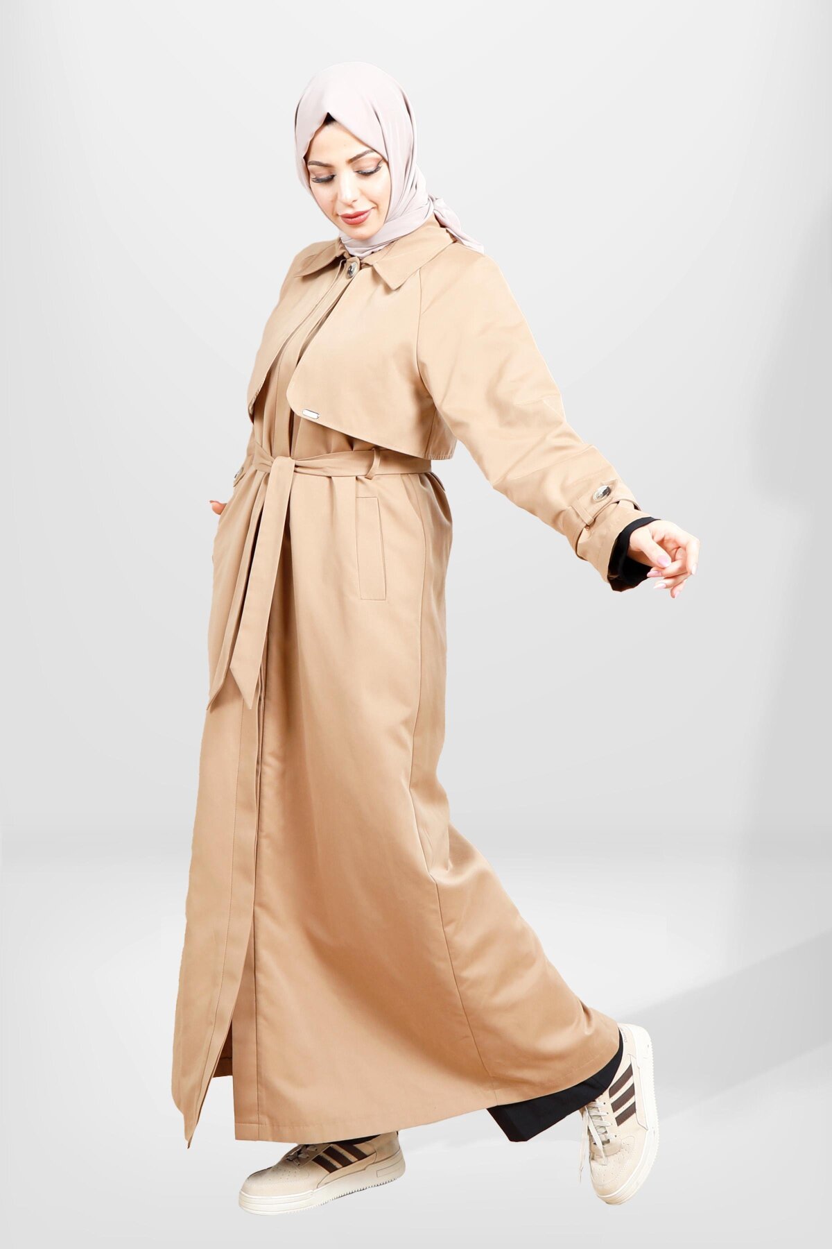 Full Length Belted Storm Flap Detail Trench Coat - Beige - Beyza