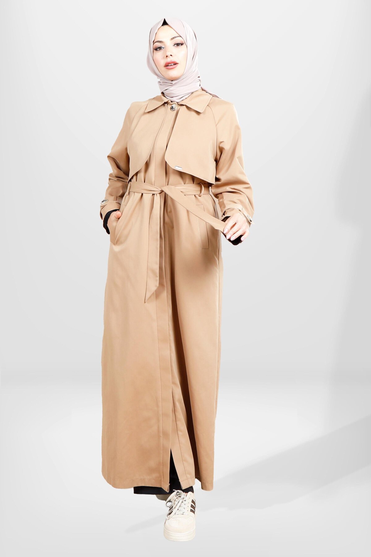 Full Length Belted Storm Flap Detail Trench Coat - Beige - Beyza