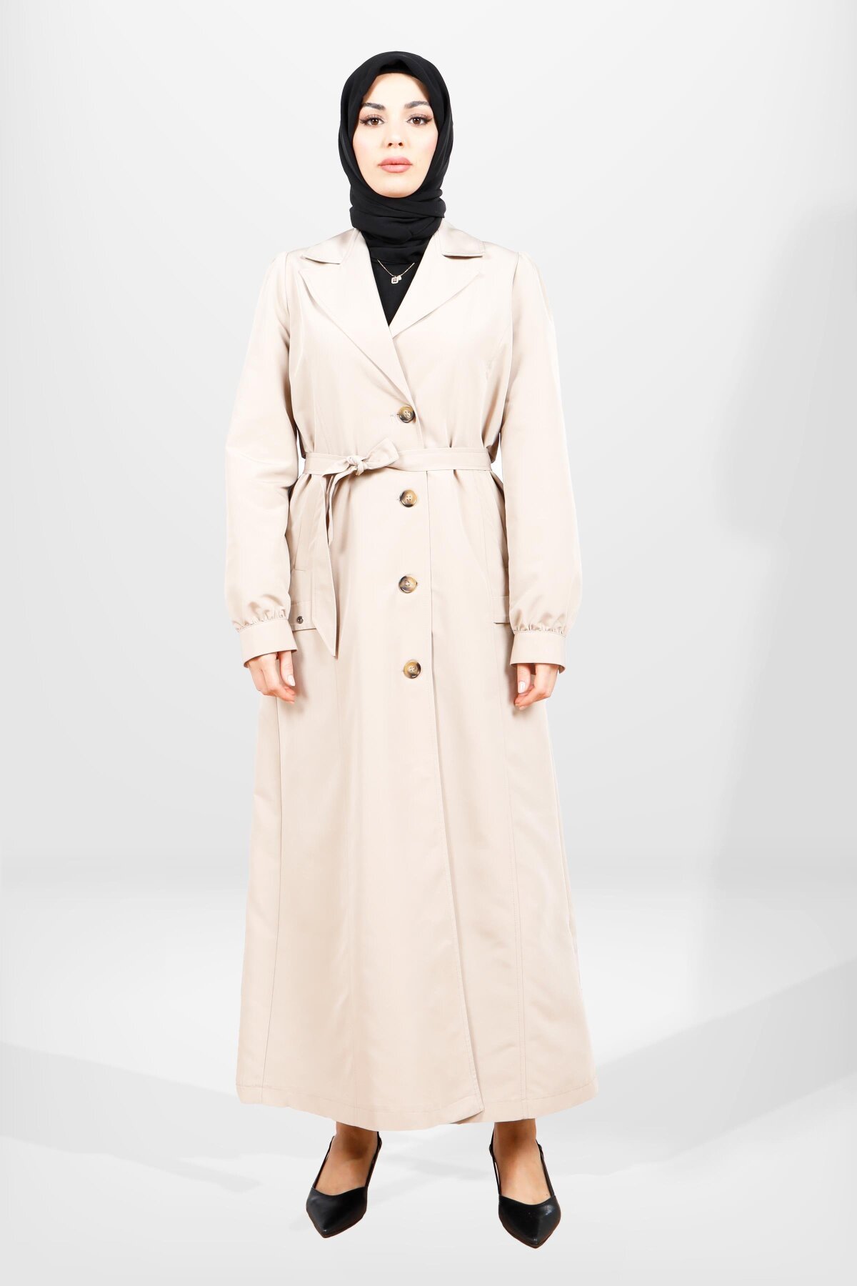Bej Uzun Kemerli Trençkot - Beyza