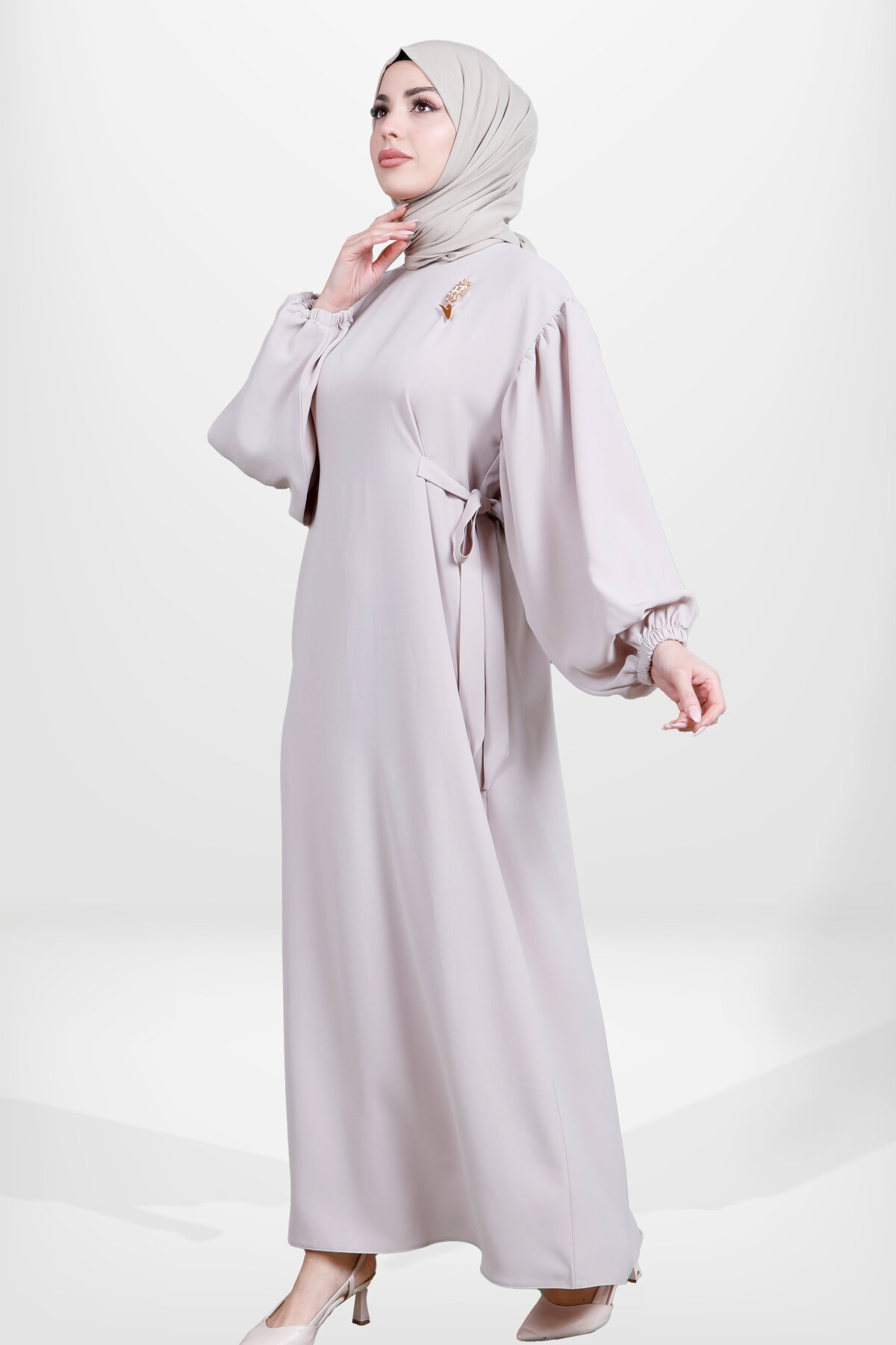Modest Side Tie-Detail Dress - Beige - Beyza