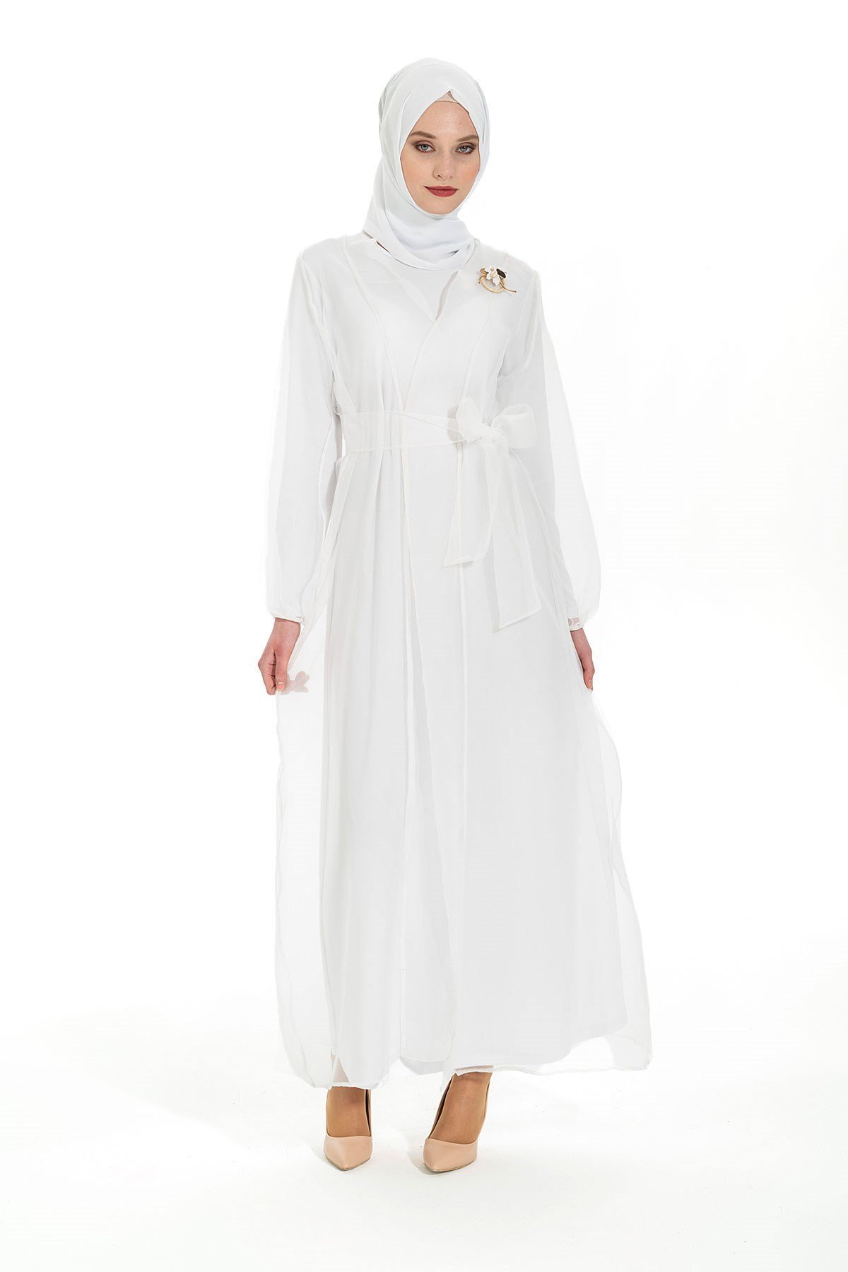 Beyaz Organze Kuşaklı Abaya Takım Ferace - Beyza