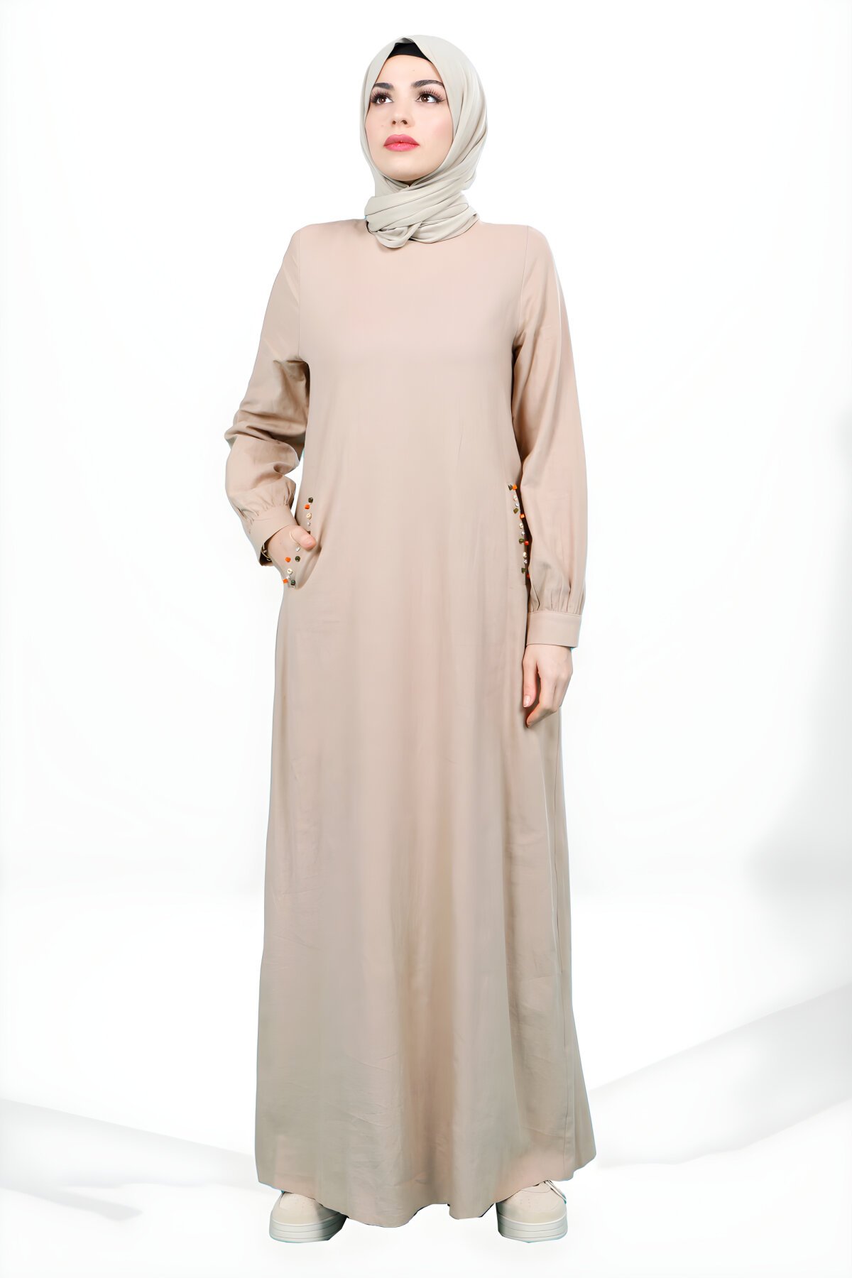 Crew Neck Linen Beaded Pocket Detail Modest Dress - Camel - Beyza