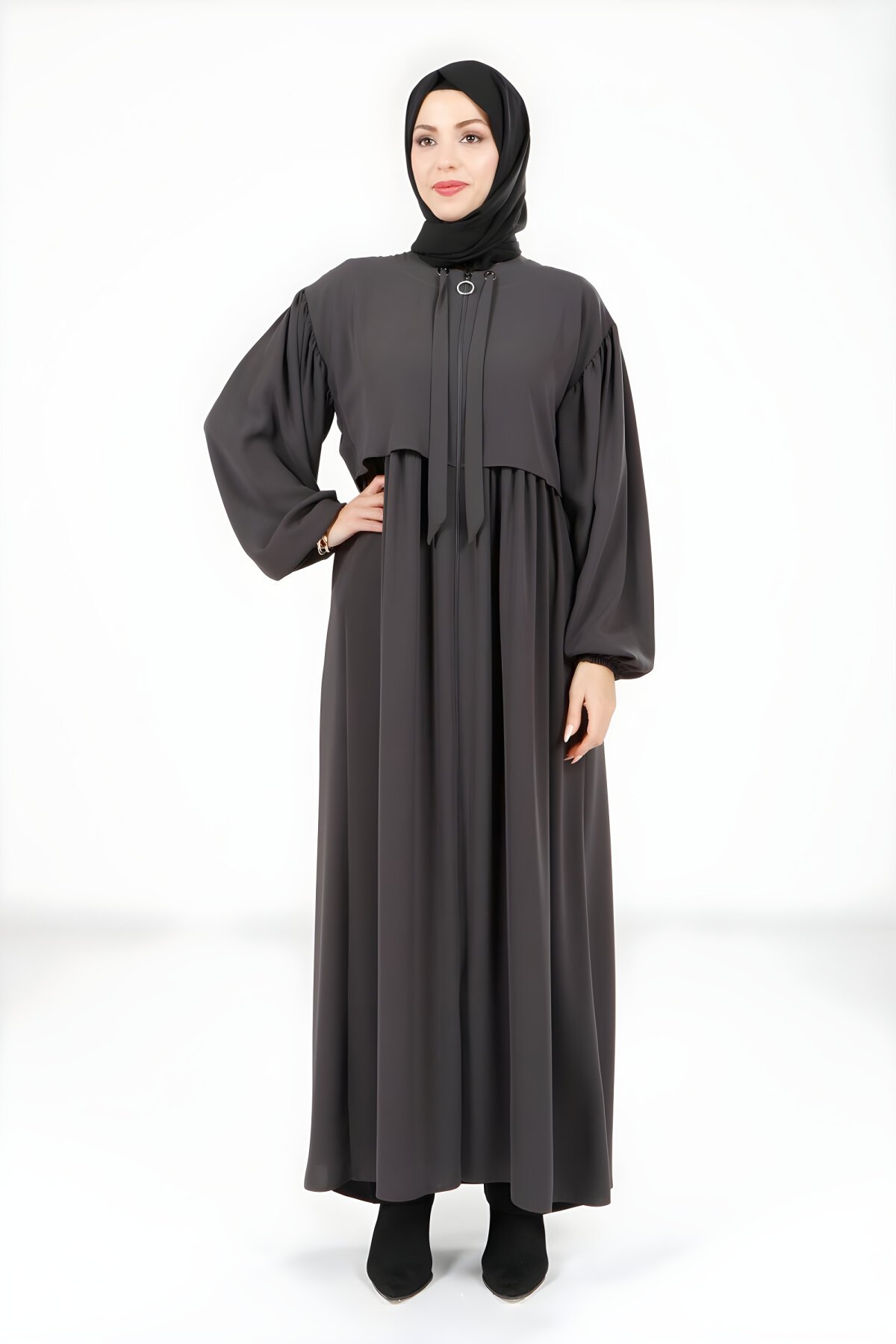 Duman Gri Yakası Bağlamalı Bolero Detaylı Ferace