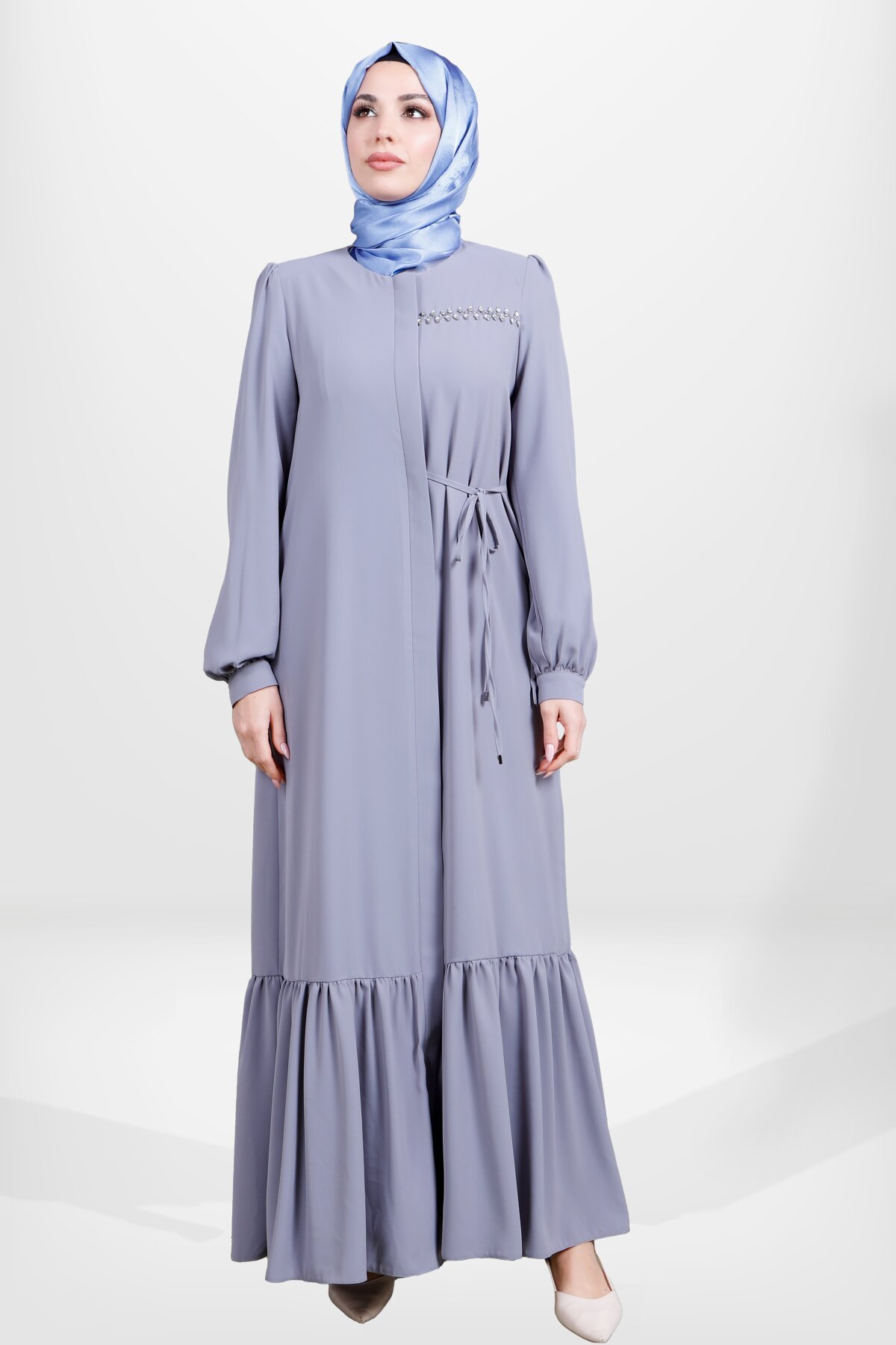 Ruched Zippered Abaya - Grey - Beyza