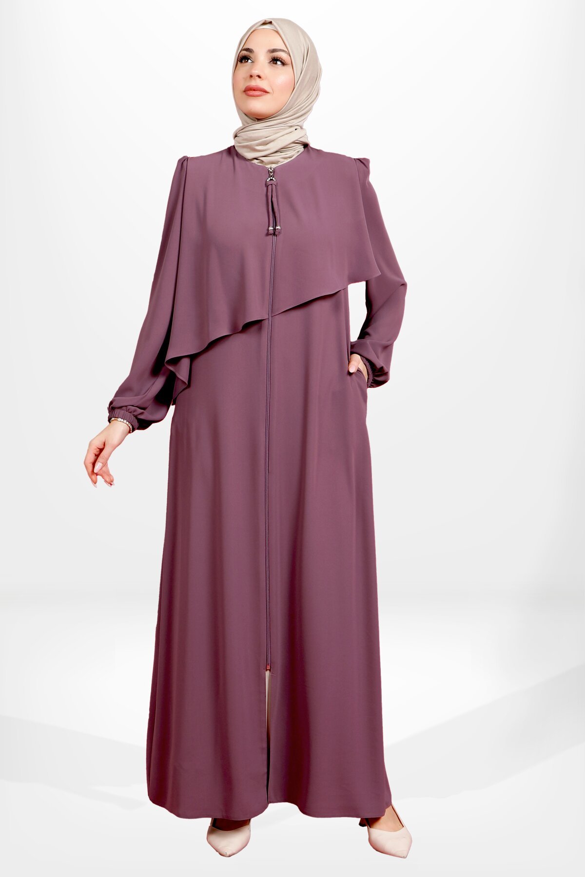 Gül Kurusu Fermuarlı Yandan Cepli Ferace - Beyza