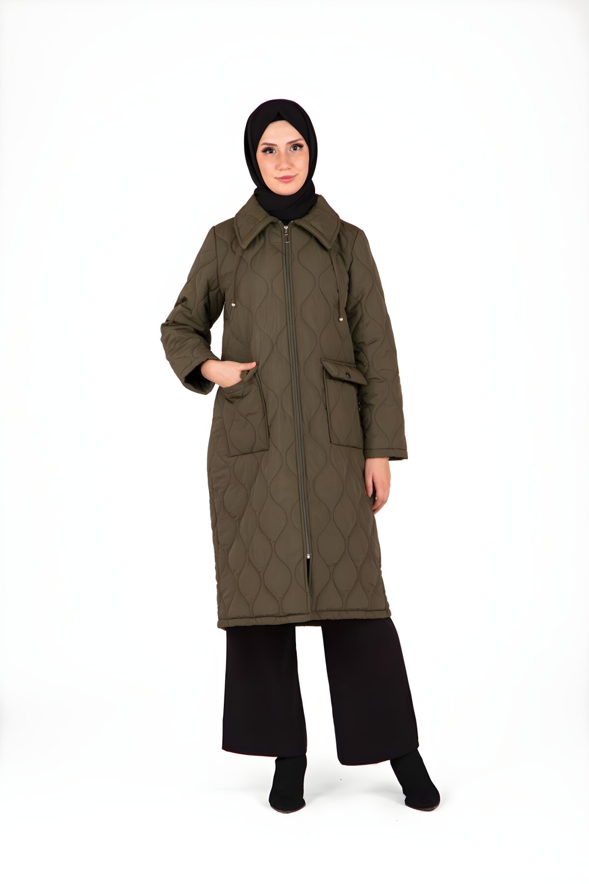 Haki Kapitone Yakası Bağcık Detaylı Kaban