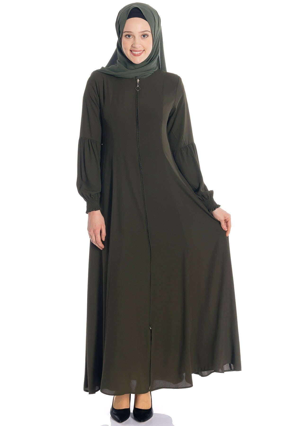 Haki Kloş Fermuarlı Ferace - Beyza