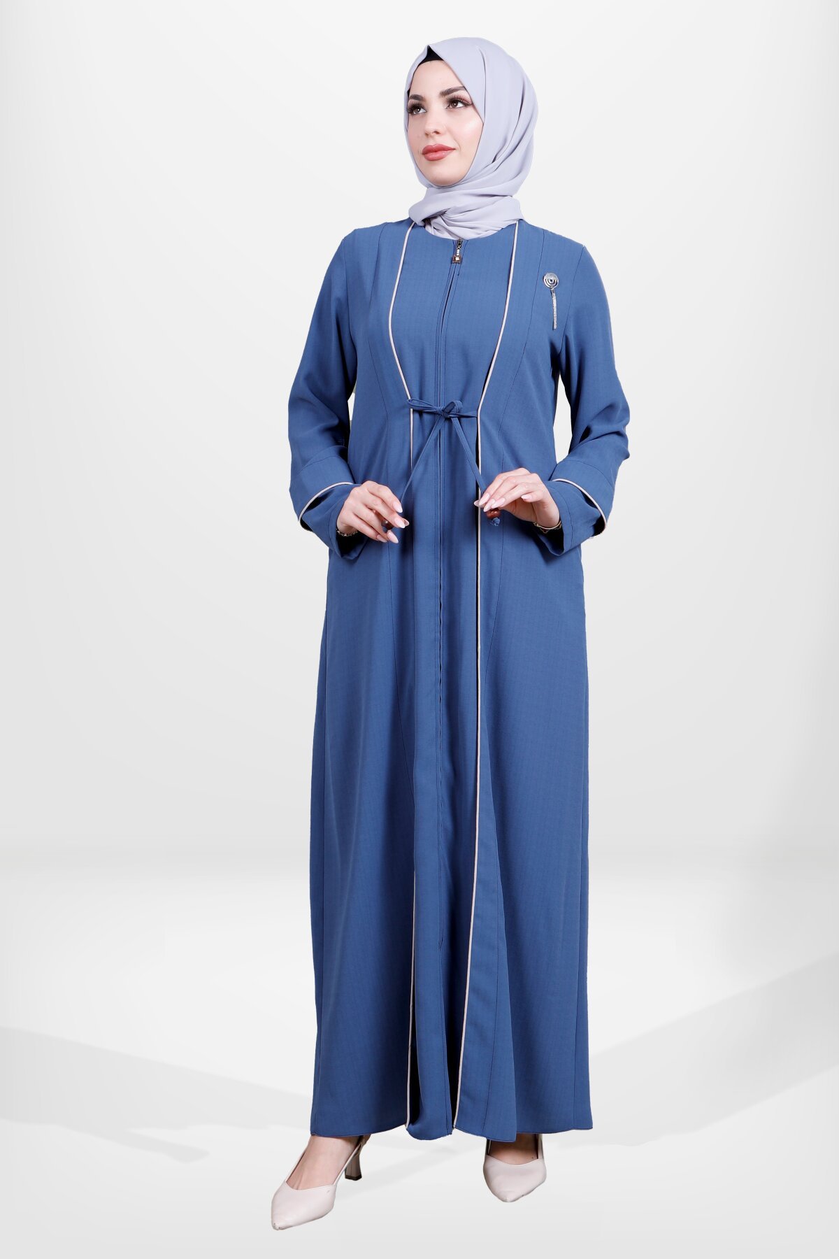 Piping Detail Zippered Front-Tie Abaya - Indigo - Beyza
