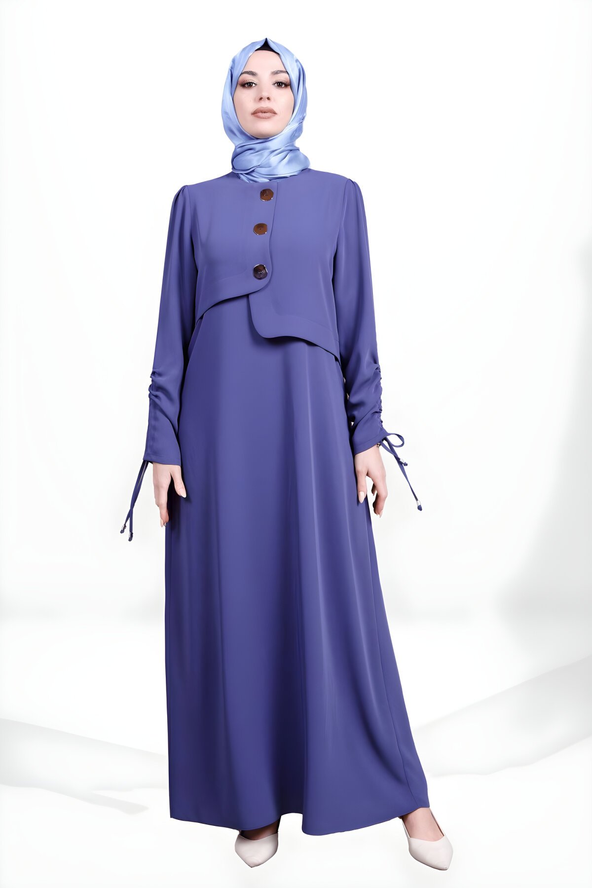 Modest Ruched-Sleeve Button-Detail Dress - Indigo - Beyza