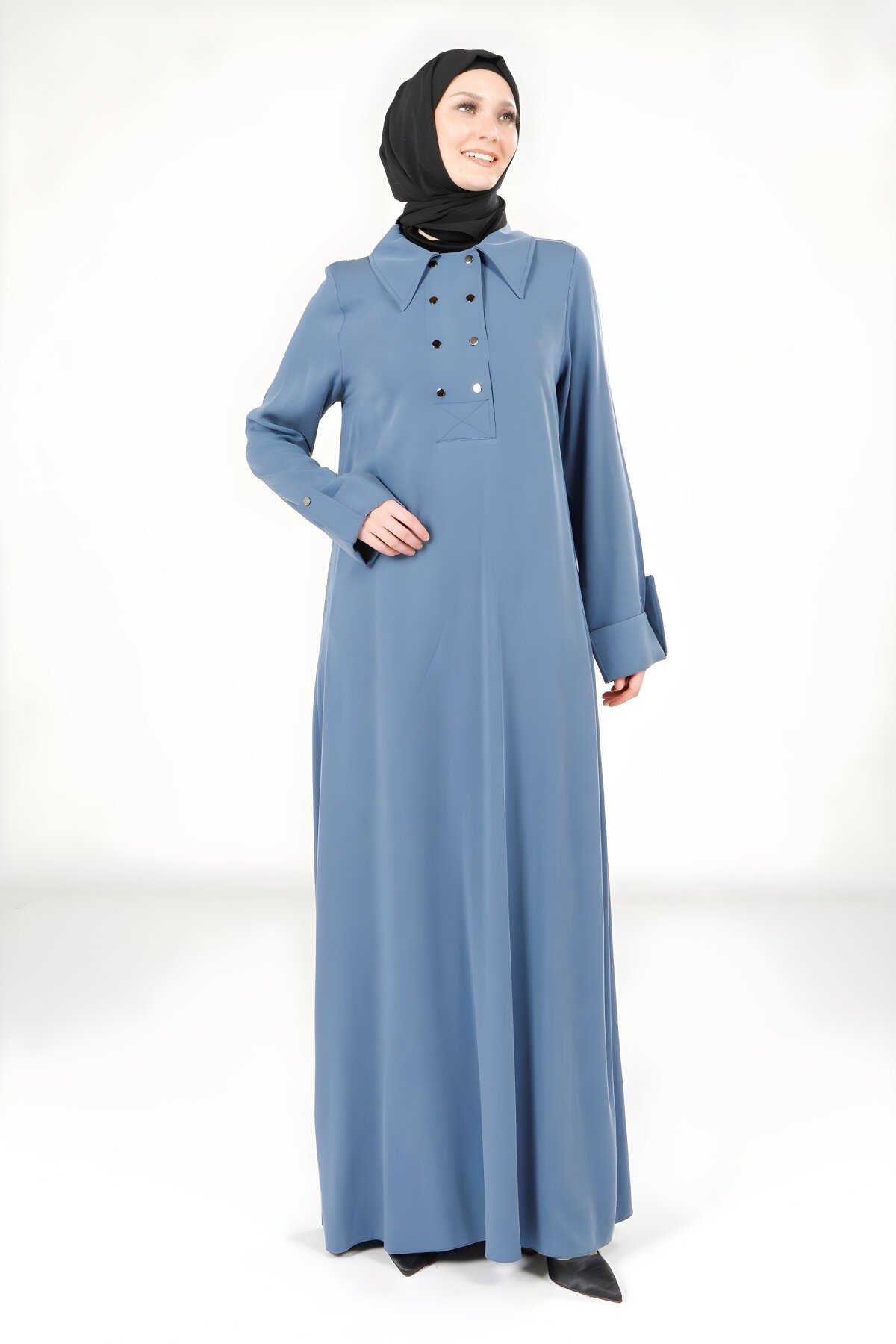 Modest Collared Button-Detail Dress - Indigo - Beyza