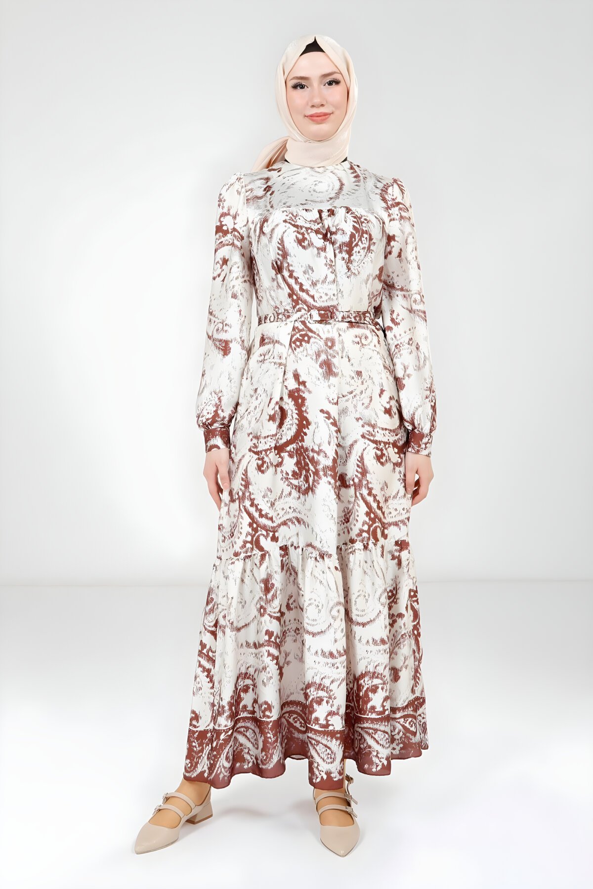 Kahve Baskılı Desenli Kemerli Elbise