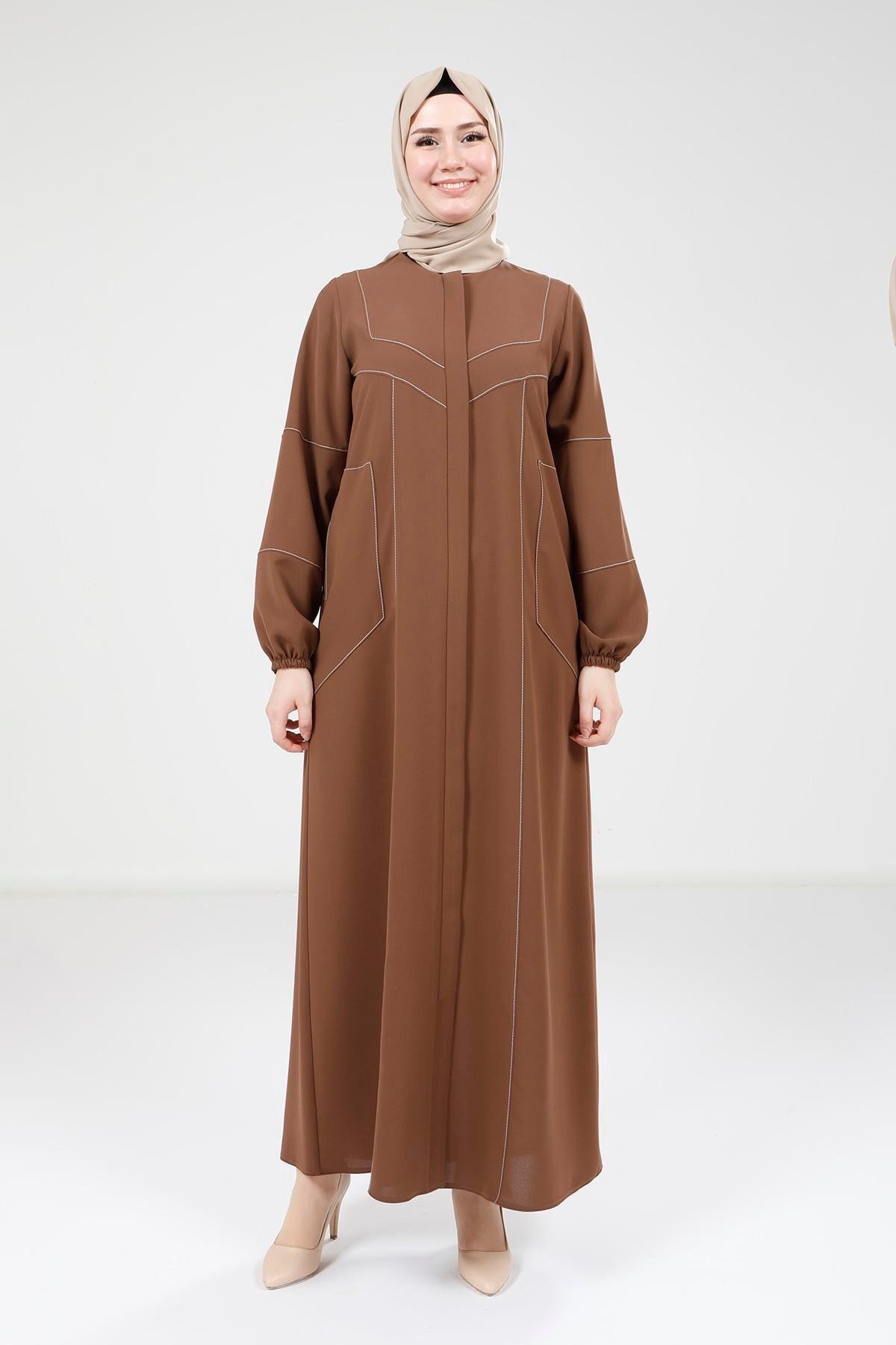 Kahve Çizgi Detaylı Cepli Ferace - Beyza