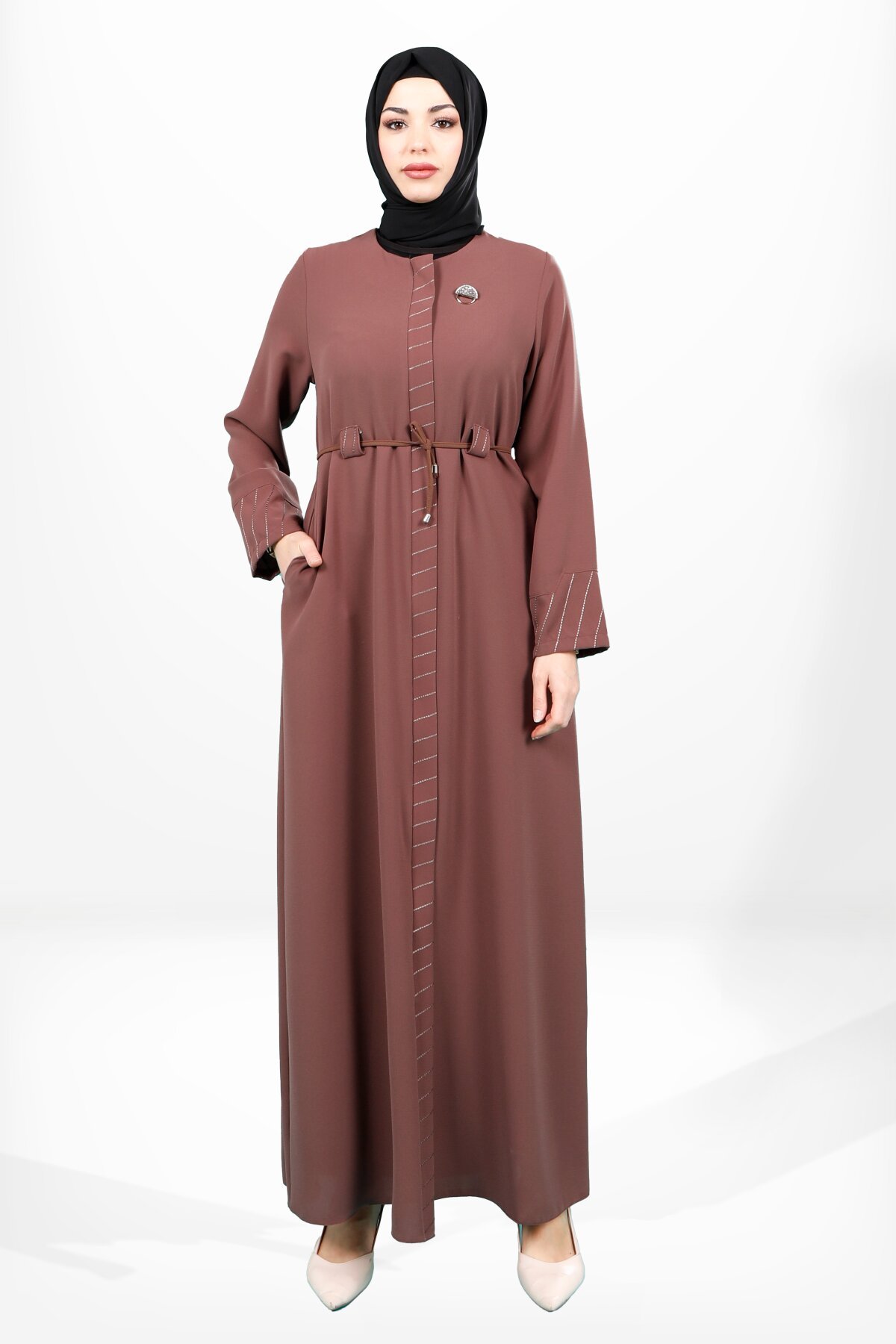 Kahve Çizgi Detaylı Fermuarlı İnce Kuşaklı Yandan Cepli Ferace - Beyza