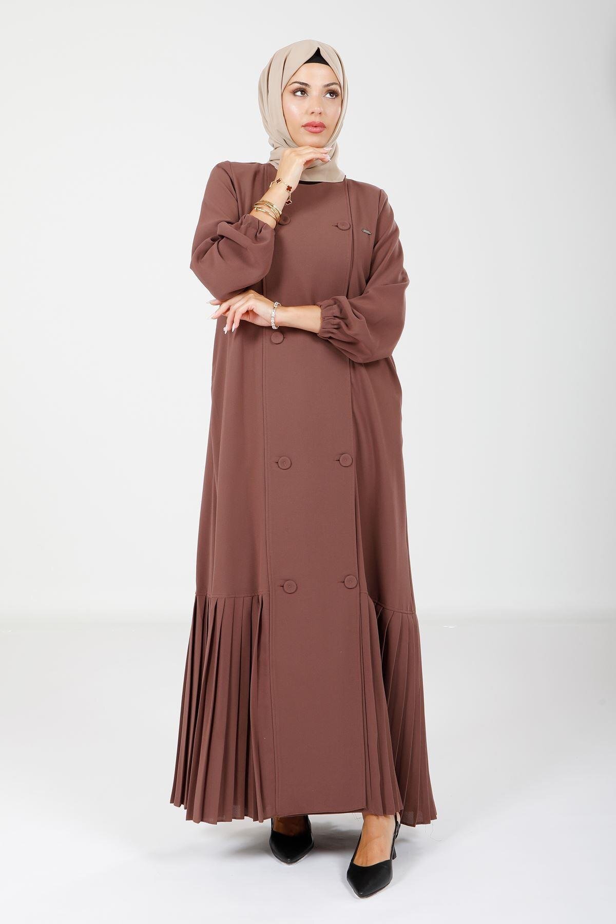 Kahve Pliseli Düğmeli Yandan Cepli Ferace - Beyza