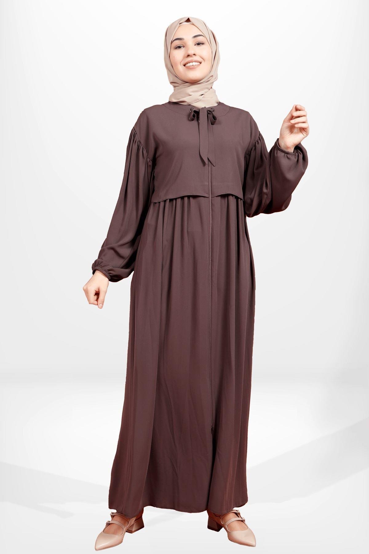 Kahve Yakası Bağlamalı Bolero Detaylı Ferace - Beyza