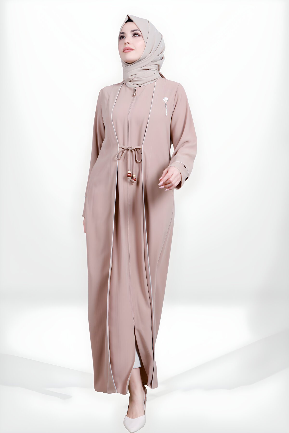 Kapuçino Fermuarlı Önden Bağlamalı Biye Detaylı Ferace