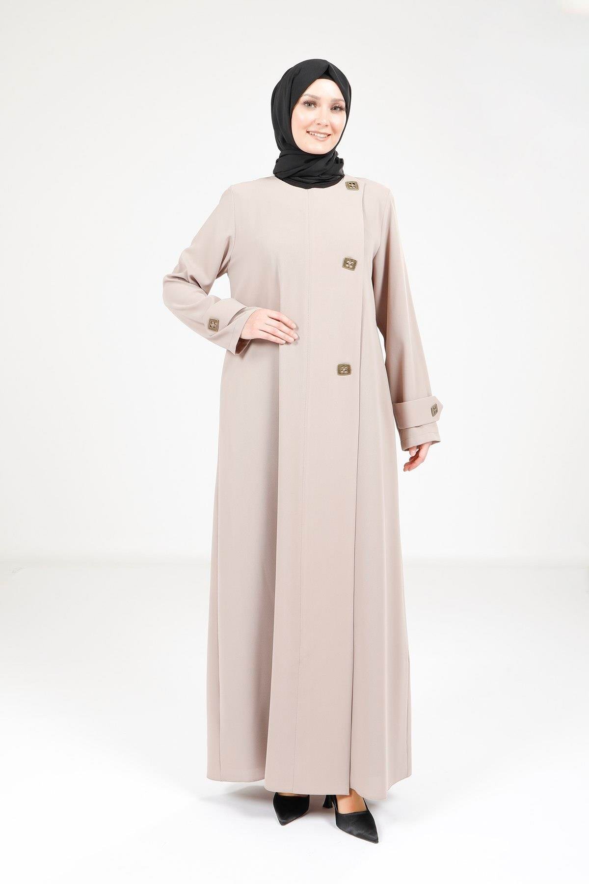 Button-Detail Abaya - Dark Beige - Beyza