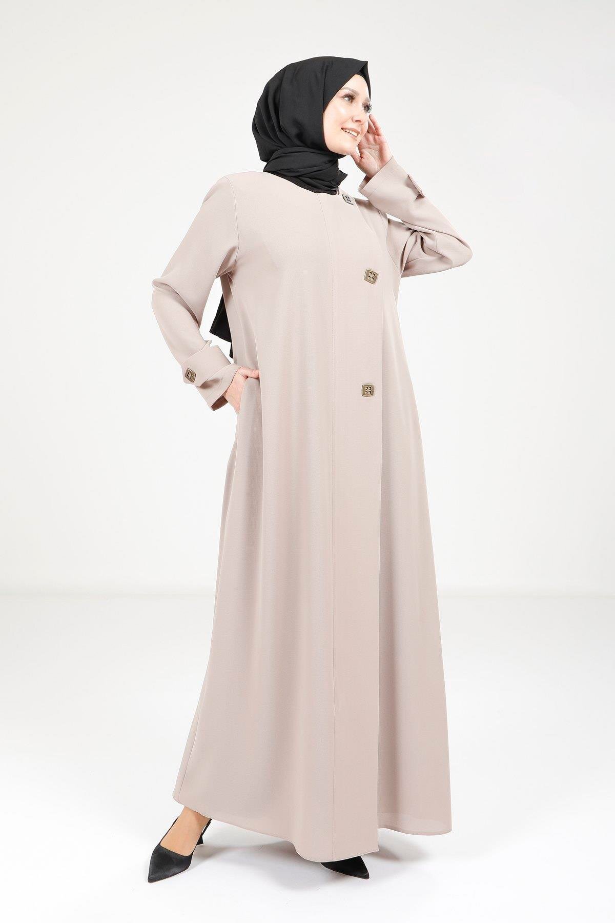 Button-Detail Abaya - Dark Beige - Beyza