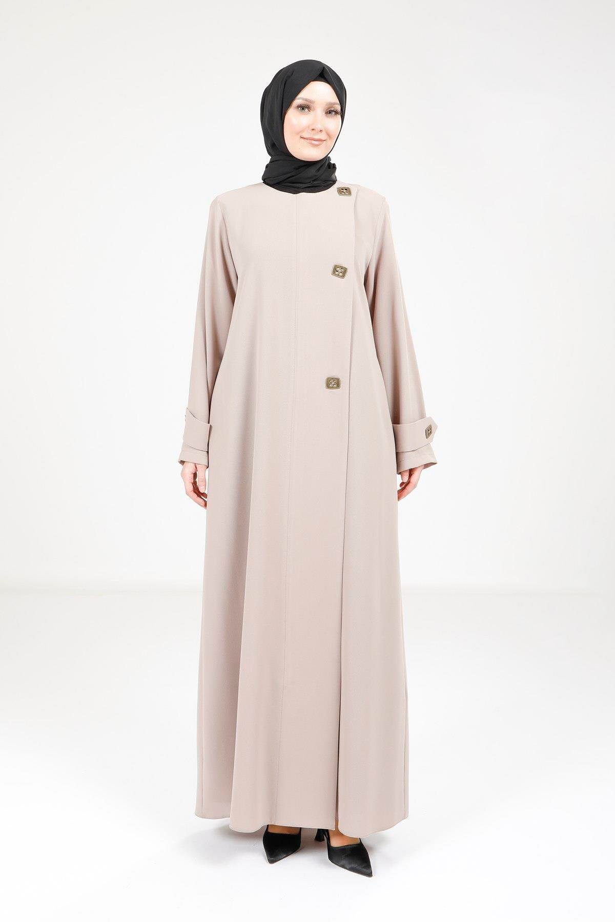 Button-Detail Abaya - Dark Beige - Beyza