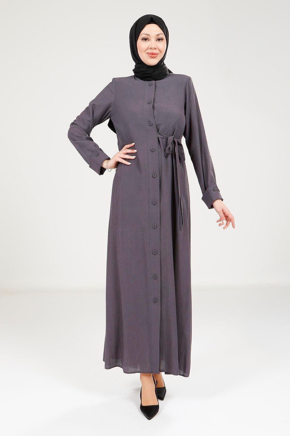 Buttoned Abaya - Dark Grey - Beyza