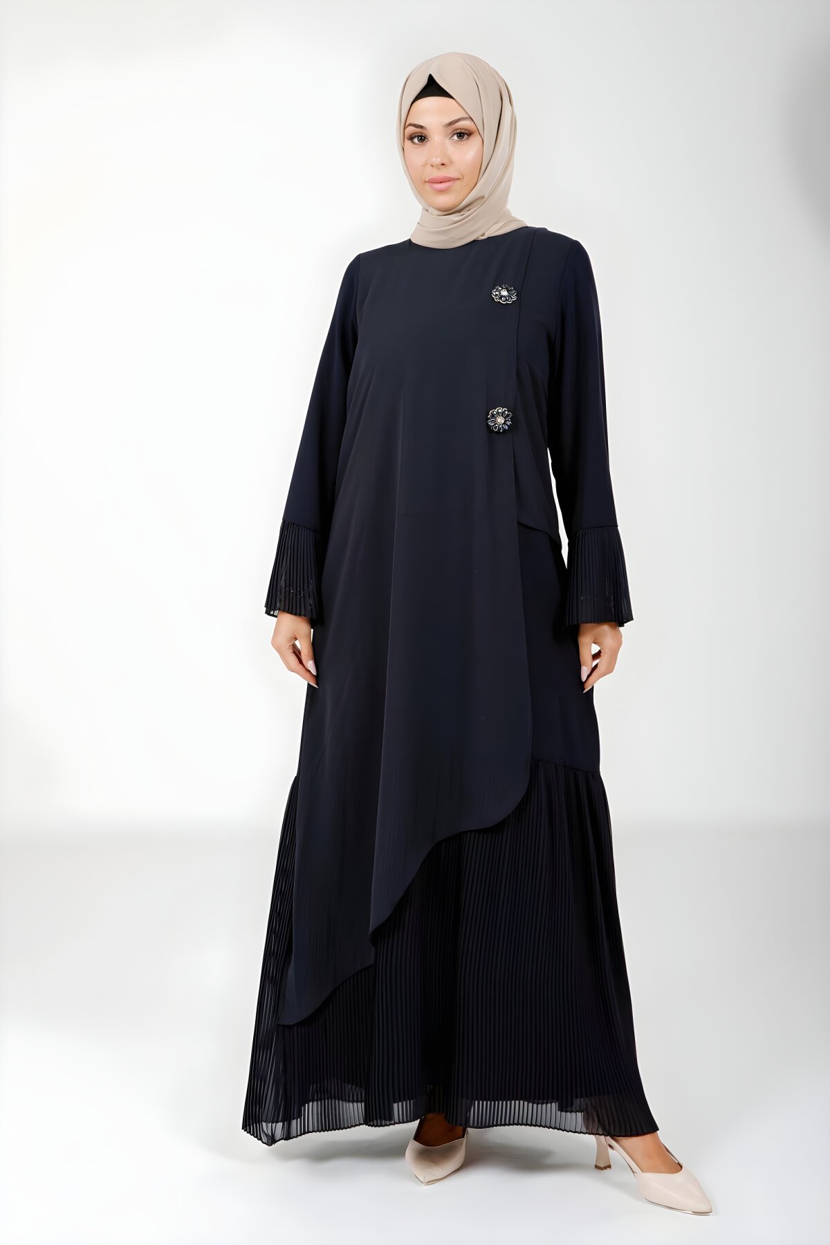 Modest Floral Pleated-Skirt Dress - Navy - Beyza